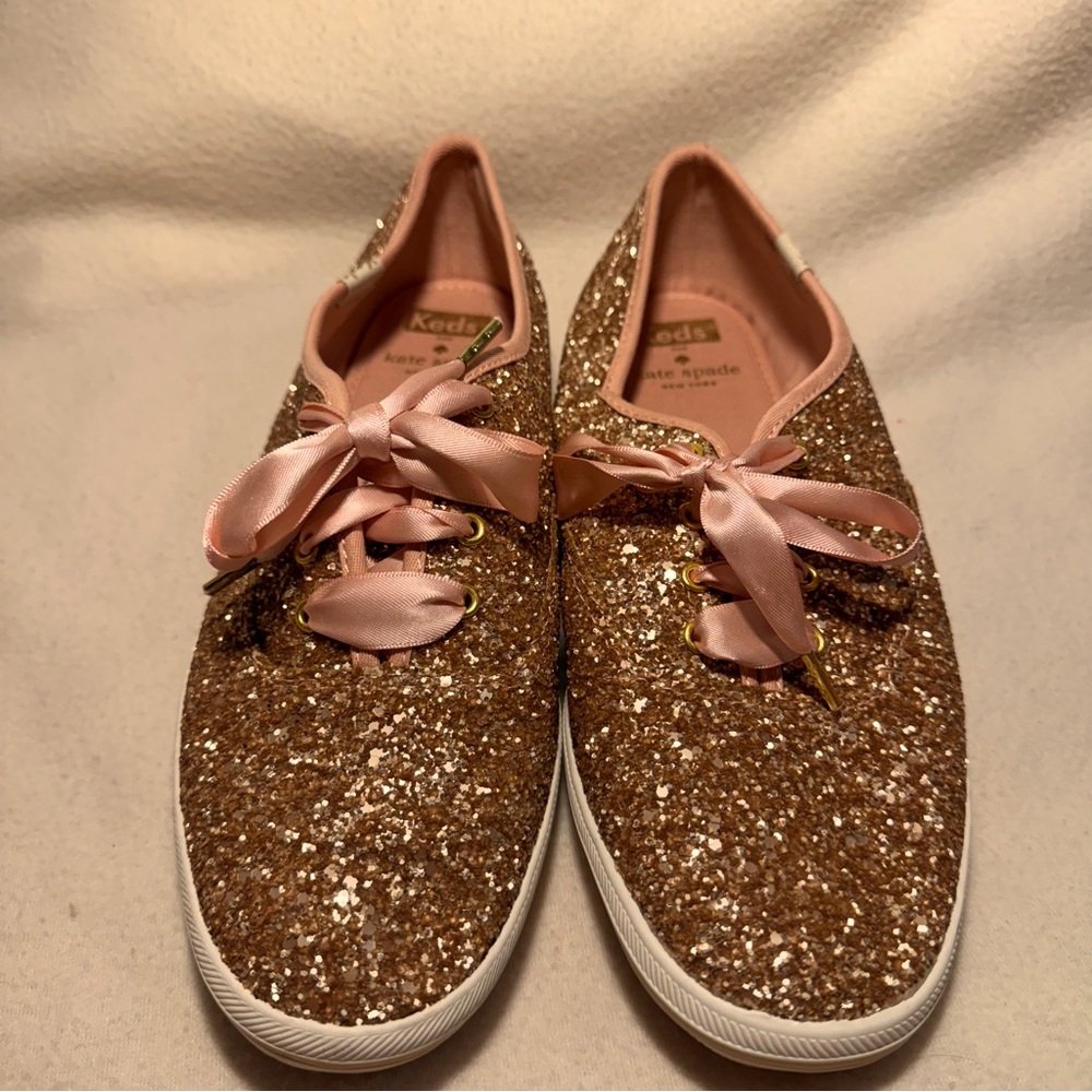 Kate Spade Glitter Keds Size 8 Pink Rose Gold Ribbon Laces Sparkle Shoes Sz8